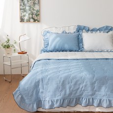 yesbedding 現代素色荷葉邊泡泡紗純棉夏被, 藍色