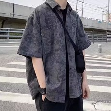 MarketA 男士復古圖案口袋短袖襯衫外套