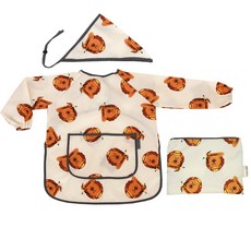 bebe chouette 孩童印花長袖美術圍裙+頭巾+伸縮扣+收納袋, 棕色小熊款