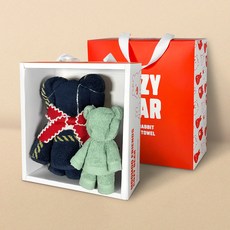 Songwol 松月 Mumu Friends 舒適熊毛巾 200g 30支精梳棉 + 迷你熊 35g 30支棉紗 禮盒組, 海軍藍(小熊), 隨機出貨(迷你熊), 隨機出貨(緞帶), 1套