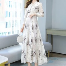 LUNAGIRL 女款花朵圖案長版連身裙, 白色