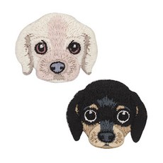 可愛裝飾用熱燙式狗狗臉部布章 臘腸狗 2件組, 象牙白, 黑色, 1套