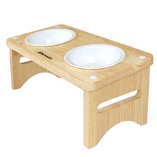 MONAGIO 寵物原木陶瓷型雙碗餐具, 1個, 原木色 + 白色