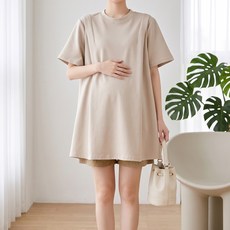 아이캔심플 임산부 반팔 핀턱 루즈핏 라운드넥 롱티셔츠