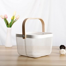 木柄網狀收納籃, 白色
