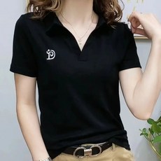 Goodif 女款V領翻領刺繡短袖T恤