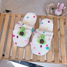 여성용 만화 캐릭 모찌 도트 콕 리본 편안 포근 실내용 털 슬리퍼