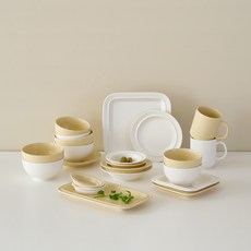 LENANSE Monde 4人餐具組 22件, 1套, 22種, 奶油白 + 奶油黃