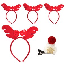 PARTYSHOW 圓點蝴蝶結魯道夫髮箍 4入 + 毛帽聖誕髮夾, 混合顏色, 髮夾(白色), 1套