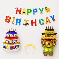 오템 생일 축하해 파티 가랜드 + 풍선 2p + 머리띠 세트, 혼합색상, 1세트