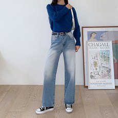 진마니아 여성용 솔트 빈티지 워싱 뒷밴딩 와이드 데님 팬츠 긴기장 CL0W51