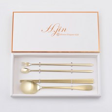현진 멋쟁이 1인 티타늄 콤비 수저세트, 금빛, 1세트, 숟가락 + 젓가락 + 롱티스푼 + 롱티포크 + 정품케이스