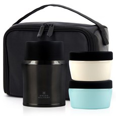 SWISS MILITARY 保溫便當盒套組, 470毫升保溫飯桶, 270毫升配菜碗, 手提便當袋, 珍珠黑, 1組