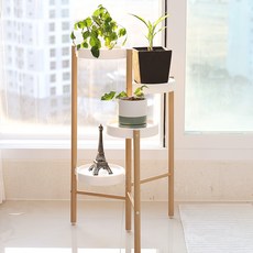 21C Trend 木紋色調鐵製圓形花盆展示架, 白色 + 木紋, 4層