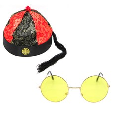 Rivingda彩色圓框眼鏡+瓷帽中號套組, 1套, 黃(眼鏡)/黑紅(帽子)