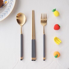 Bogen 孩童雙色金屬湯匙+筷子+叉子, 金色 炭灰色, 湯匙+筷子+叉子, 1組
