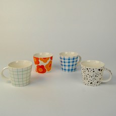 BELUZ casa 韓國製 Viva 馬克杯 4件組 310ml, 橘色花朵 + 綠色格紋 + 藍色格紋 + 黑色大理石, 1套