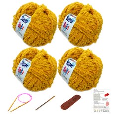 행복뜨기 슈퍼베이비 뜨개실 4p + 바늘 6mm + 돗바늘 + 가죽 라벨 + 목도리 도안 세트, 1세트, 겨자