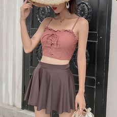 Elsso 可愛荷葉邊馬甲裙褲罩衫度假泳裝3件套組, 咖啡紅