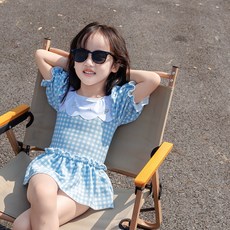 Eeyoomong 女童 Nya-ho 格紋泡泡袖蕾絲連身泳裝套組