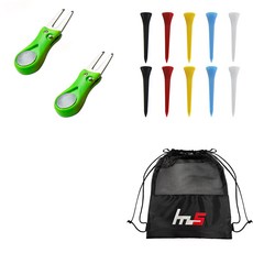 NAYASTYLE 高爾夫果嶺叉修補器 淺綠色 2入 + 塑膠高爾夫標準球梯 隨機出貨 10入 + 收納袋套組 GFYP-38-4 167-2PU, 混合色