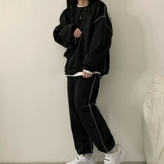 Goodif 女款大尺碼舒適滾邊細節大學T + 束口褲套裝