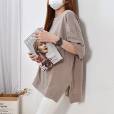 엘쏘 여성용 라운드넥 오버핏 힙커버 옆트임 반팔 티셔츠