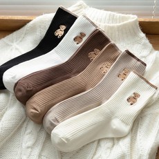 Socks Panda 女款棕色泰迪熊刺繡羅紋長襪5雙組