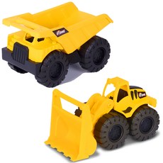 BUCHU CAR Rhino 玩沙中型傾卸卡車 + 推土機重型機具玩具組, Yellow + Black