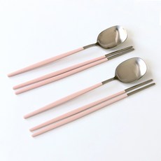 헤이즈리빙 스텐304 2인 수저세트, 베이비핑크, 숟가락 2p + 젓가락 2벌, 2세트