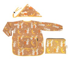 bebe chouette 孩童印花長袖美術圍裙+頭巾+伸縮扣+收納袋, 兔子款