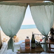 汽車後車箱用格紋印花窗簾 2入+窗簾綁帶 2入+繩子+收納袋+LED球燈串組, 1套, 薄荷