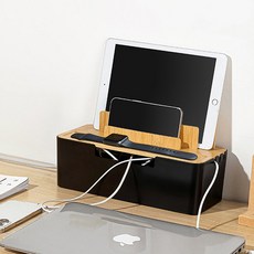 Make Mine 延長線整理盒 收納盒 兼 手機平板木製支架, 黑色, 1個