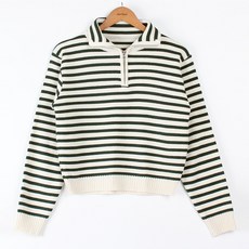 빼빼 여성용 반집업 스트라이프 니트 티셔츠