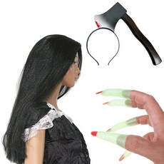 Party09 萬聖節派對用品 鬼假髮 小 + 搞怪斧頭髮箍 + 女巫指甲 套組, 1套, 混合顏色