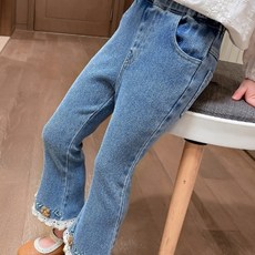 EYOUMONG 兒童修身牛仔花朵刺繡蕾絲長褲 E6S328