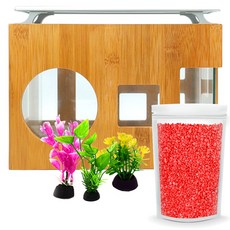 Aquatera 木質魚缸 AMZW30+魚缸裝飾仿真植物 3入+造景石 1kg+LED燈組, 紅色（地材），隨機發貨（水草）