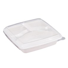 생활을그리다 정사각 3구 화이트 도시락 펄프용기 + PET 뚜껑 세트, 50개, 1세트