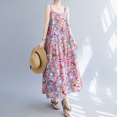 Queenis 女款無袖花卉圖案背心長版洋裝, 粉紅色