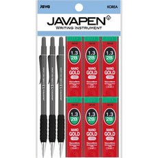 JAVAPEN Embo自動鉛筆 1.3mm 3支 + Nano Gold自動鉛筆芯 1.3mm 2B 6入, 深灰色(Embo自動鉛筆), 1套