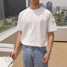 플레이즈 남성용 아웃포켓소매배색 라운드넥 반팔 티셔츠