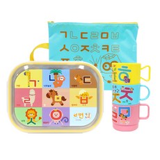 LE BARN 韓文字印花點心杯+鐵飯盒+收納袋, 混色, 不鏽鋼餐盤+便當袋+杯子, 1組