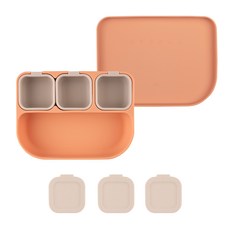 INUIBEBE 超吸力三格矽膠餐盤+食品矽膠小容器, 餐盤(珊瑚粉)+小容器(米色)