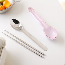 Bloom at home 透明便當餐具組, 湯匙 + 筷子 + 餐具盒, 粉紅色, 1套