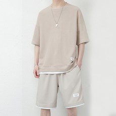 남성용 패션플로우 페이크 레이어드 오버핏 라벨 반팔 + 반바지 세트