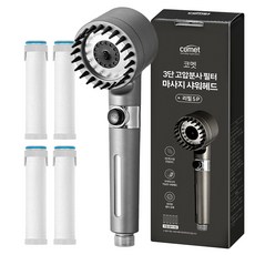 comet 3段高壓噴射濾水按摩蓮蓬頭 + 替換濾芯 5個組, 1組, 深灰色
