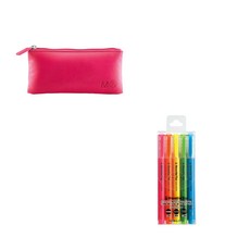 MIQUELRIUS Candy Color XS 扁平小袋 + Kokuyo Beetle Tip 3way 熒光筆套組 5 支, 深粉色（小袋）、5種（高光筆）, 1套