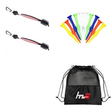 NAYASTYLE 高爾夫球桿頭清潔器 2入 + 塑膠高爾夫球釘 10入 + 收納袋組合 GFYP-10-7+181PU, 粉紅色(清潔器), 隨機出貨(球釘), 1套