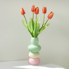 BeautifulDecoSense 仿真觸感鬱金香 5入 + 造型花瓶組, 1套, 霧面鼠尾草(花瓶), 日落珊瑚(鬱金香)
