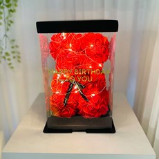 러블리팜 조화 로즈베어 스몰 + 전용 케이스 + LED 전구 + 레터링 시트지 + 리본 장식 세트, 레드 + 생일, 1세트